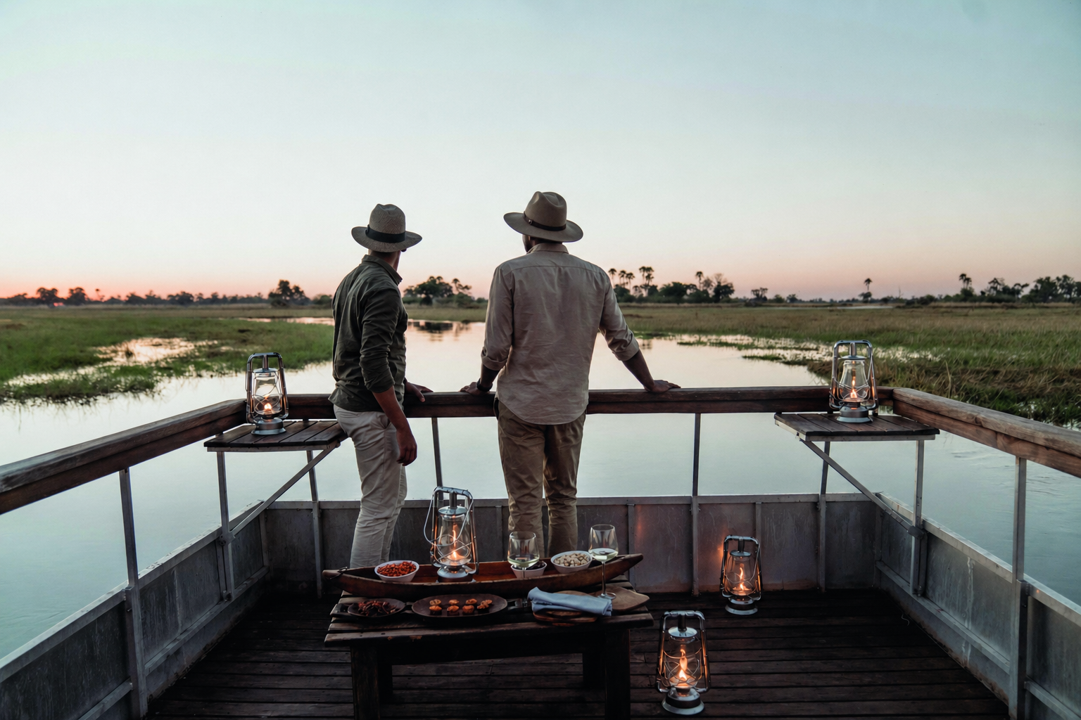Two travellers on a private Botswana safari deck at sunset overlooking Delta waterways