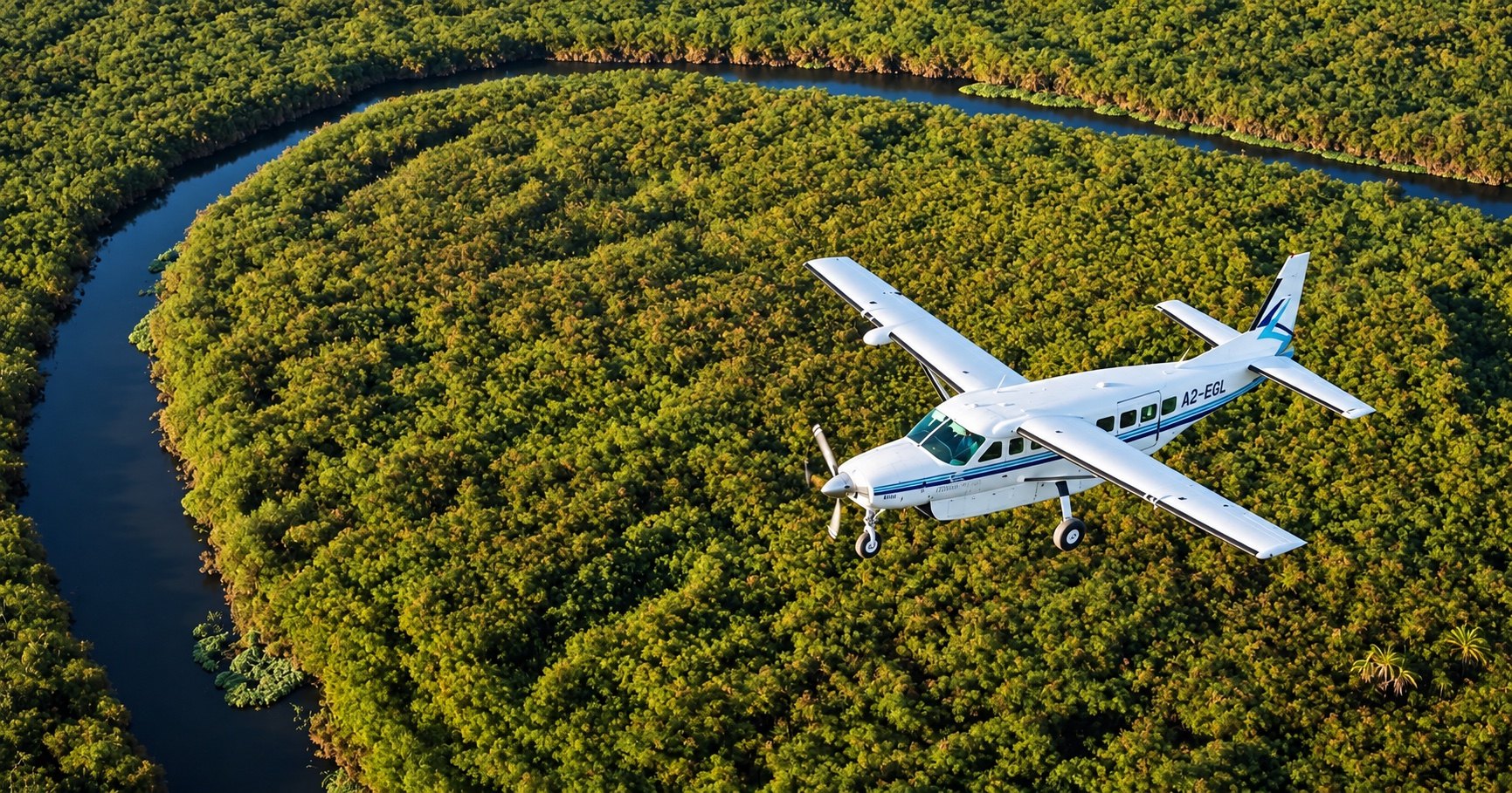A light aircraft flying above forest and winding waterways in Botswana