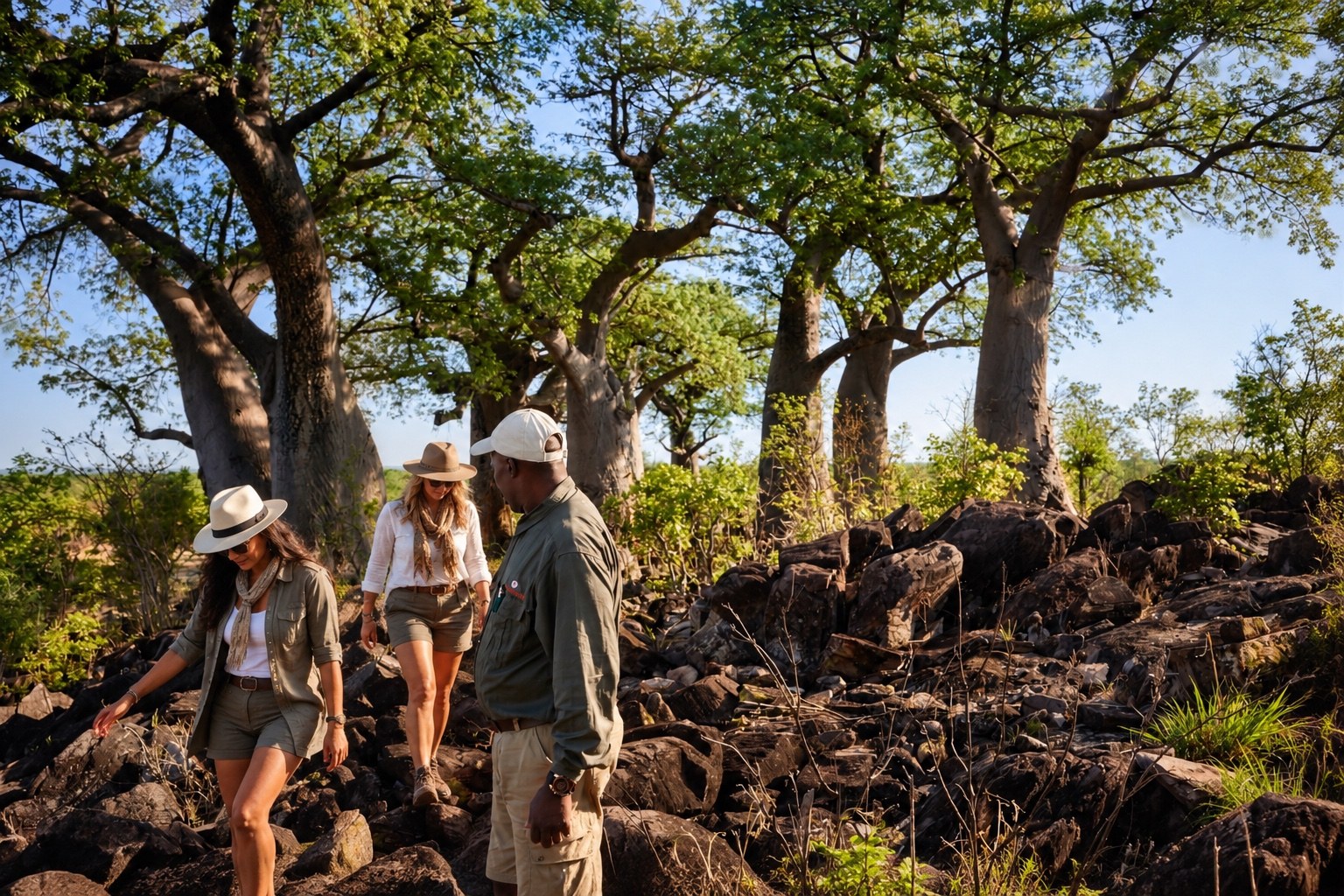 Travellers walking among baobab trees in Botswana.