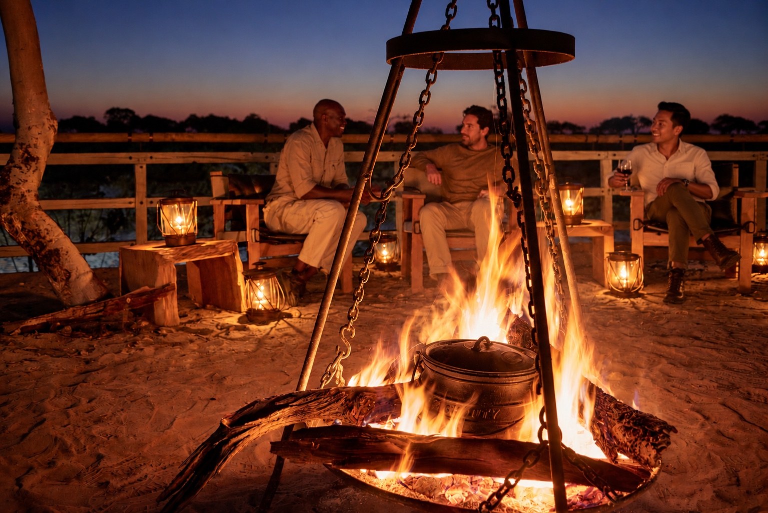 Guests relaxing around a safari campfire at sunset in Botswana.