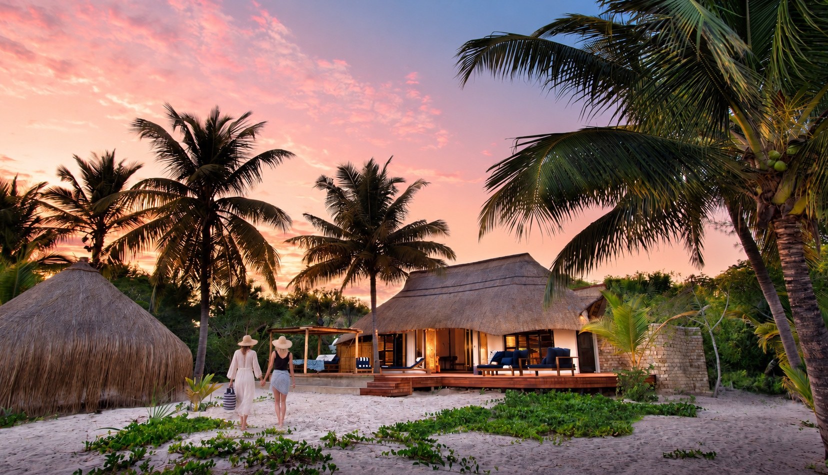 A luxury island lodge on Benguerra Island in Mozambique at sunset.