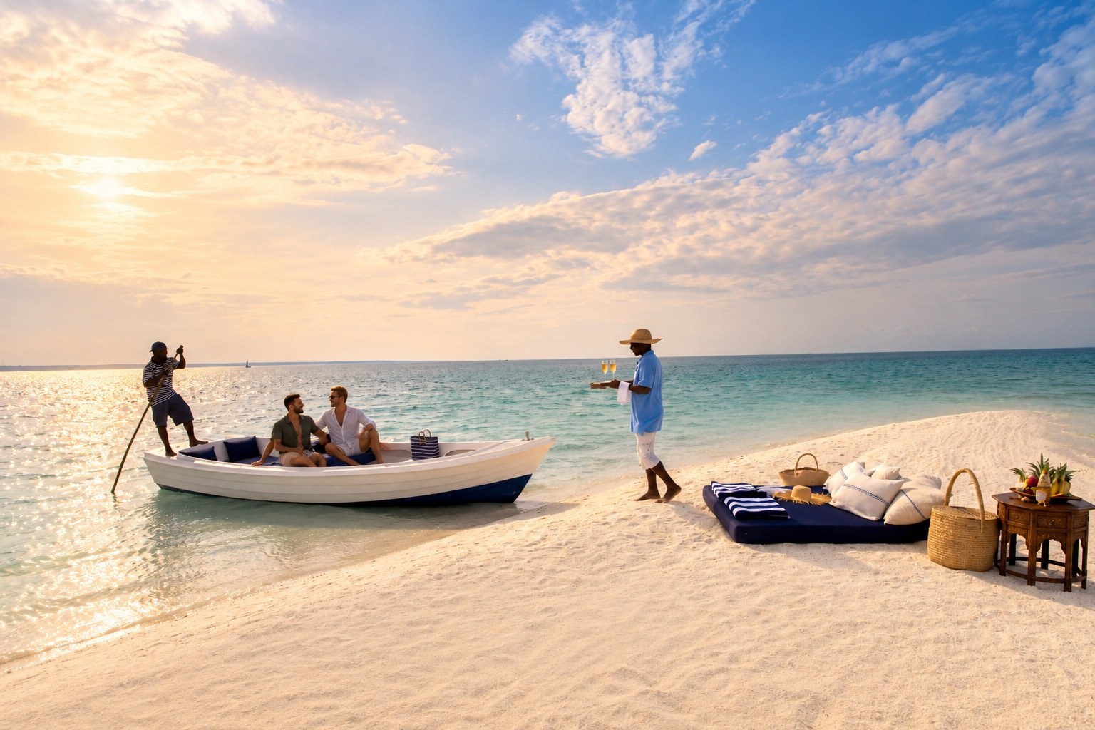 Travellers arriving by traditional boat on a white sand beach in Mozambique.