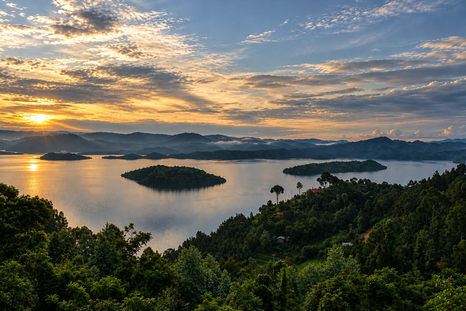 Lake, wooded islands and mountain landscape at sunset in Rwanda.