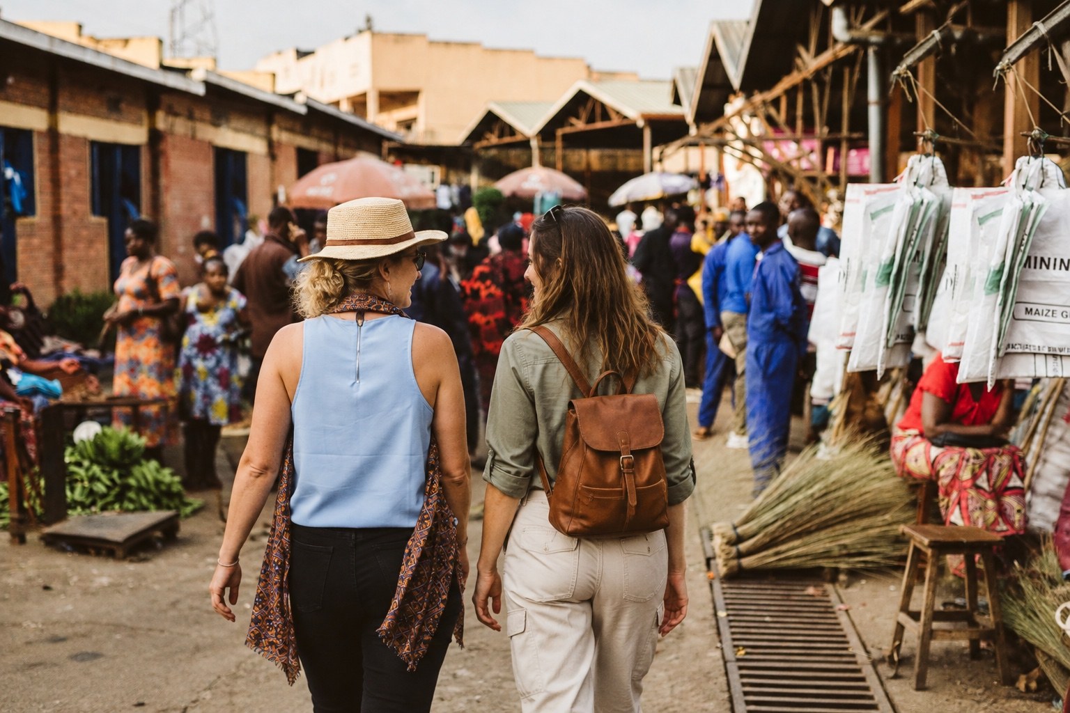 Two women walking through a market in Kigali.