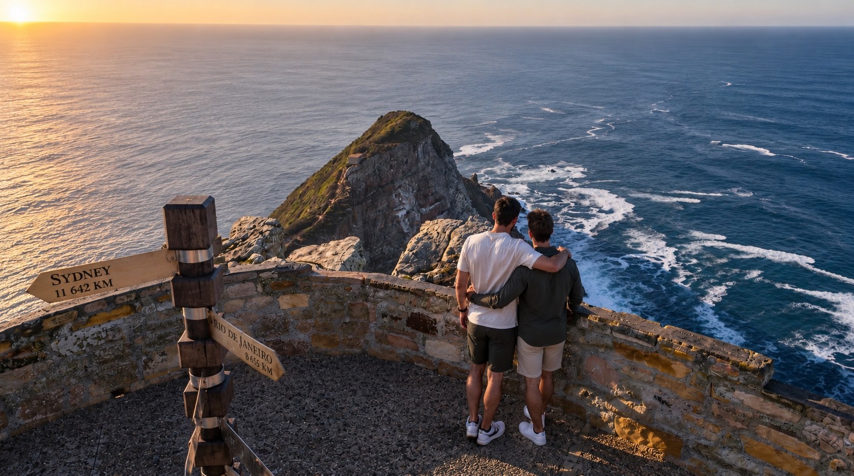 Two men standing with their arms around each other above the ocean at Cape Point.