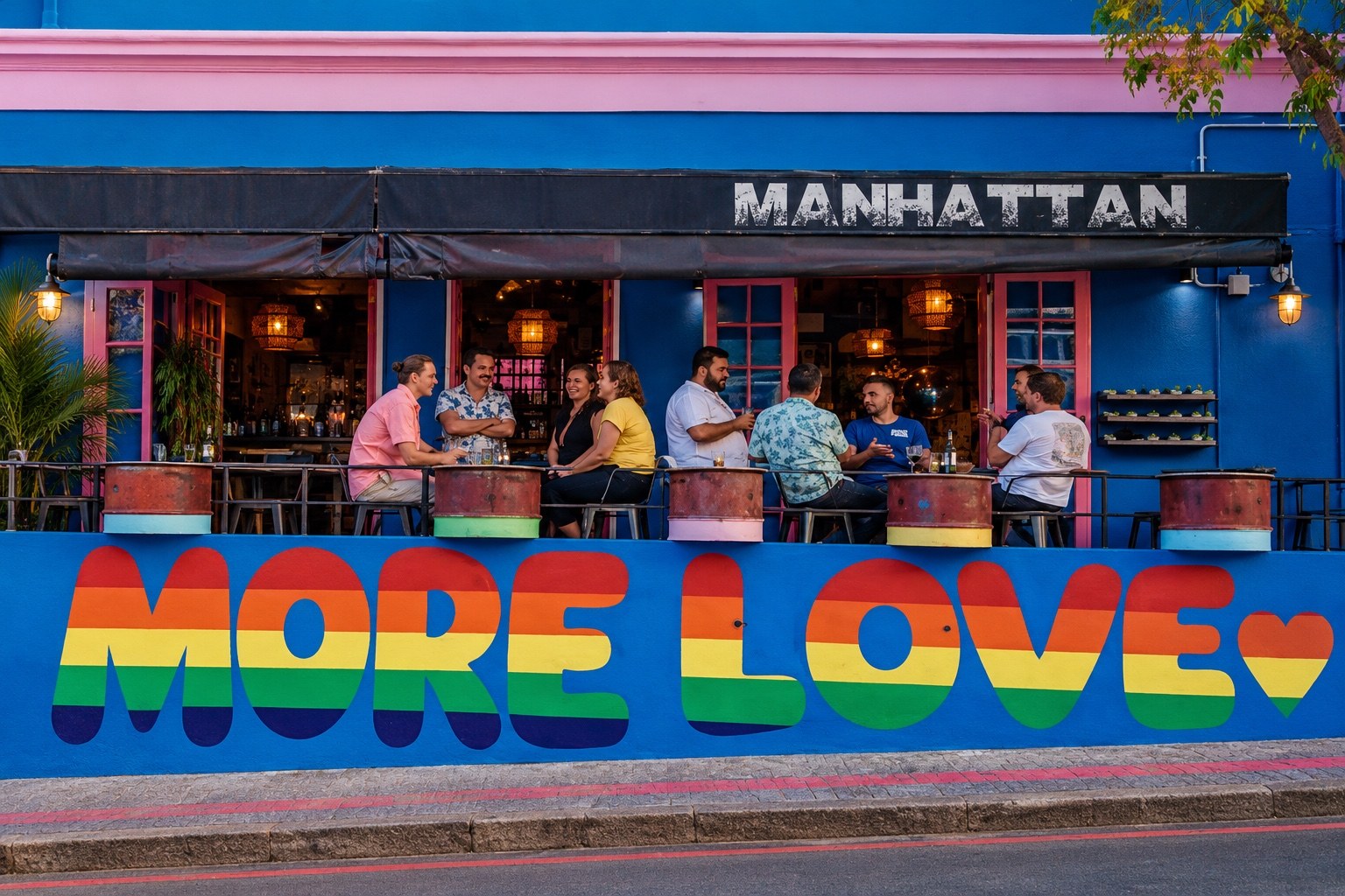 Guests seated outside Manhattan bar behind a colourful More Love mural.