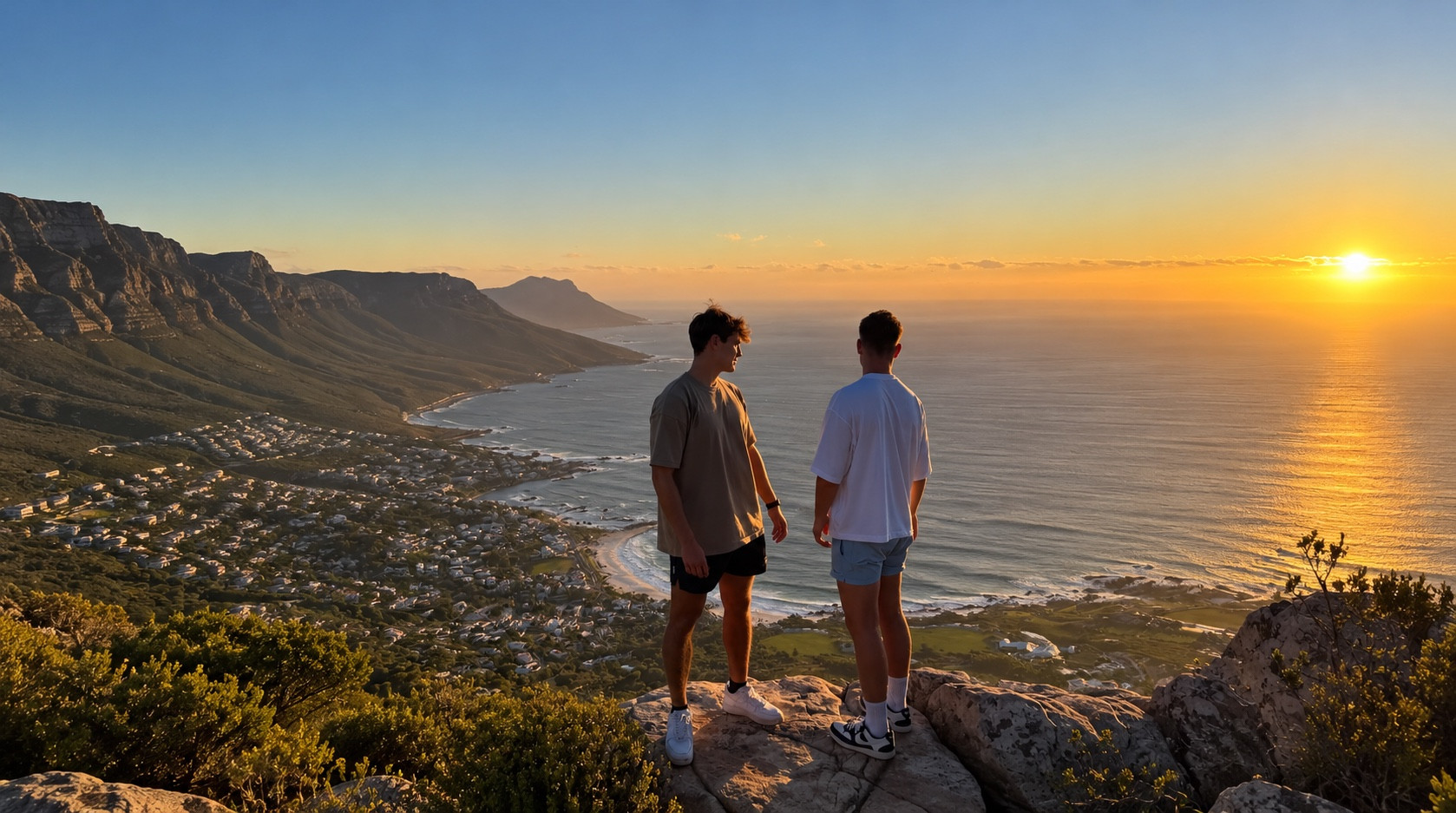 Two men overlooking Cape Town’s Atlantic coastline together at sunset.