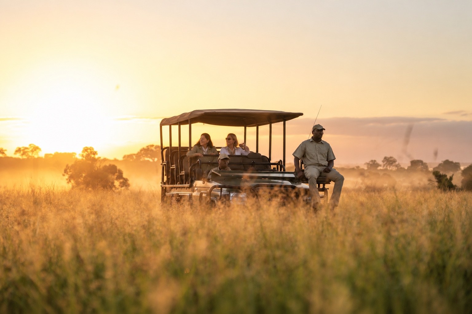 Two women and their guides in an open safari vehicle in golden evening light.