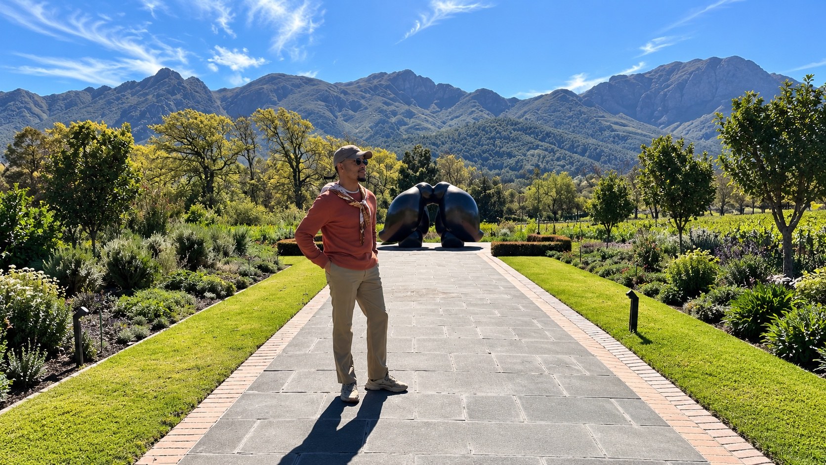 Zannon James in a landscaped garden beneath the Franschhoek mountains.