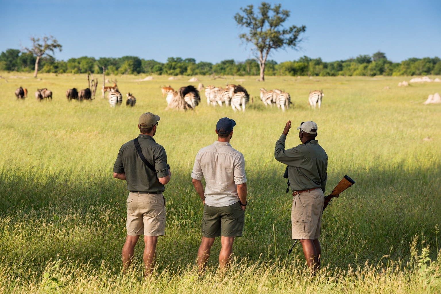 Travellers and a professional guide watching zebra and wildebeest on a Mana Pools walking safari
