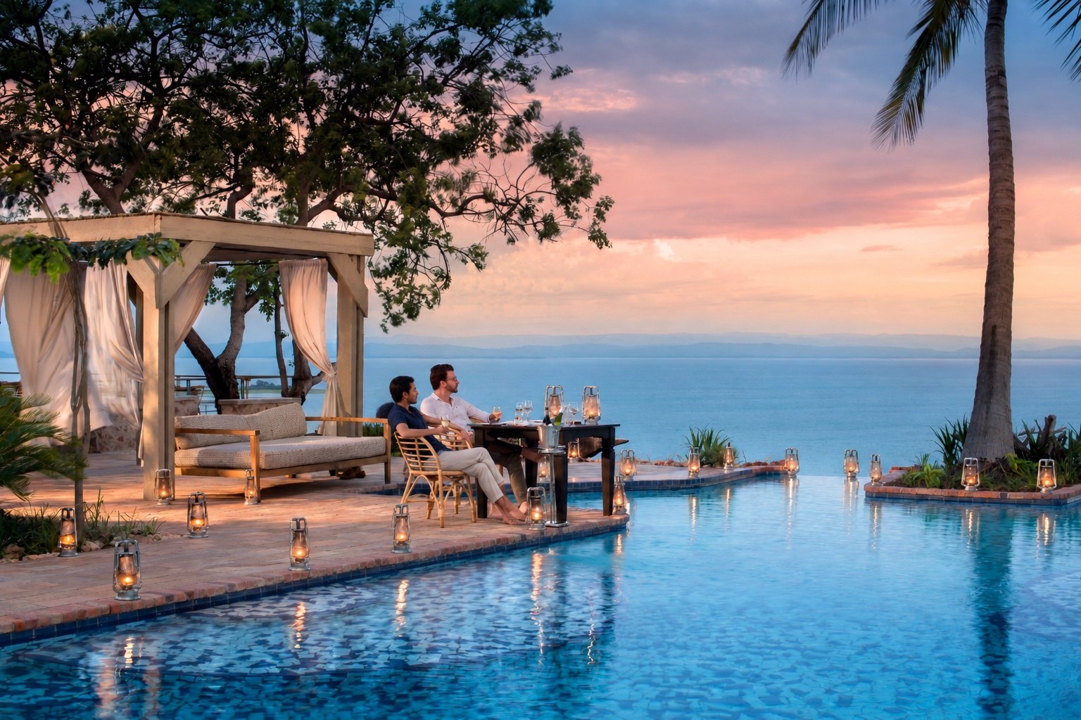 Guests dining beside a swimming pool overlooking Lake Kariba at sunset