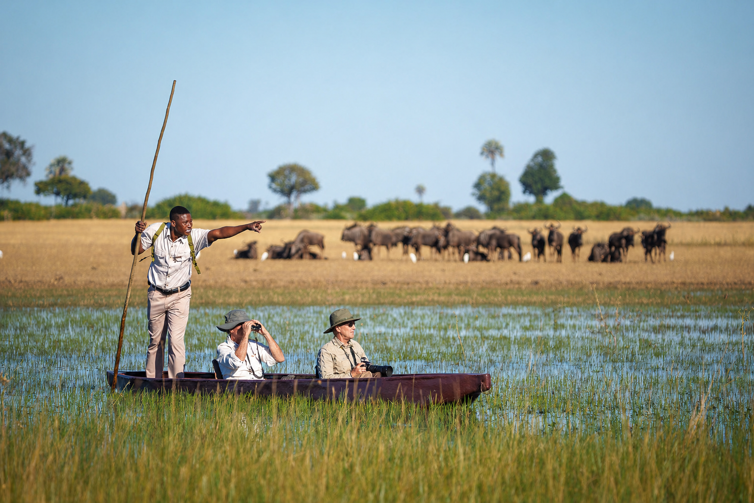Private mokoro safari in Botswana with guide and buffalo in the distance