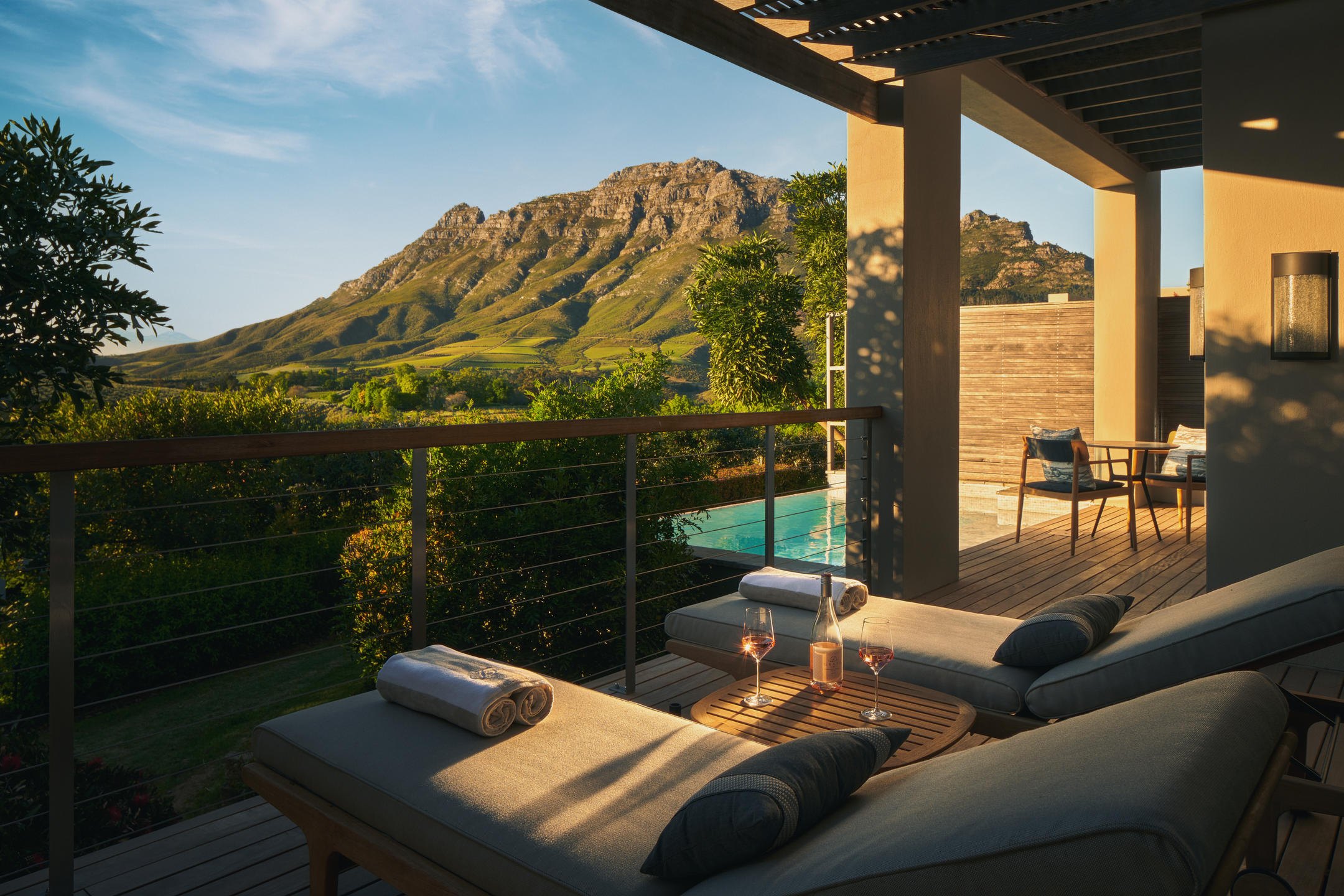 Private South Africa villa terrace with pool and mountain backdrop